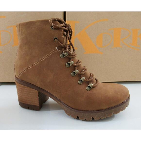 Korks Erica Lace Up Combat Boots Lug Sole Tan Cognac Size 7.5 - Picture 1 of 7